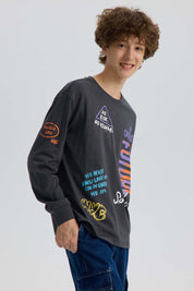 Polera Niño Print Con Puño Marengo