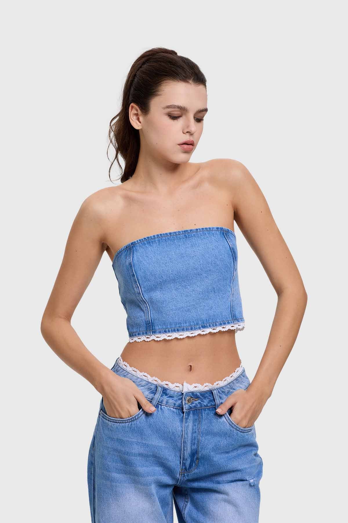 Polera Mujer Encaje Azul