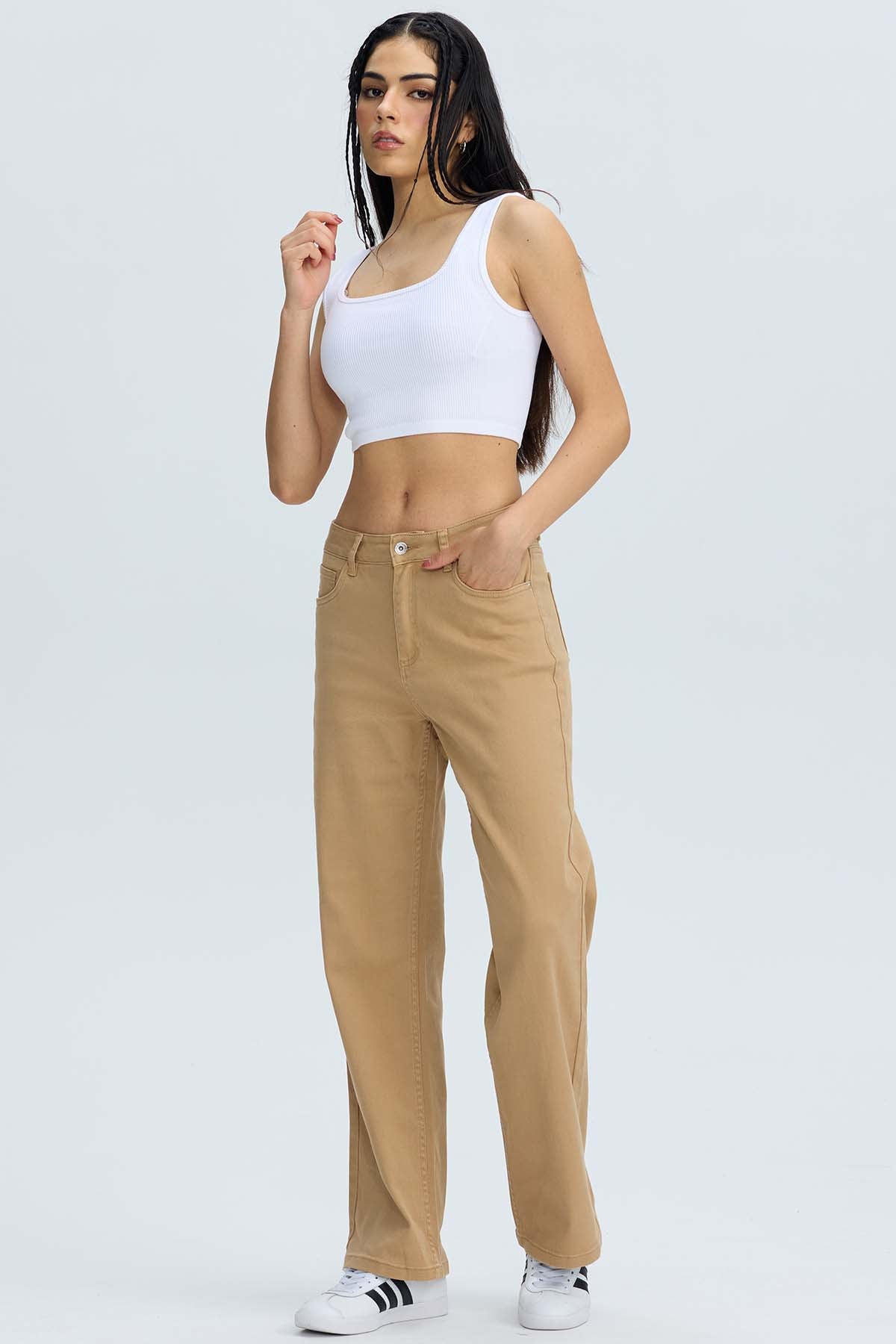 Jeans Mujer Calce Recto Beige