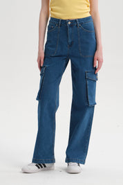 Jeans Mujer Cargo Calce Recto Azul