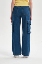 Jeans Mujer Cargo Calce Recto Azul