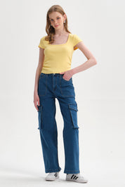 Jeans Mujer Cargo Calce Recto Azul