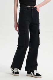 Jeans Mujer Cargo Calce Recto Negro