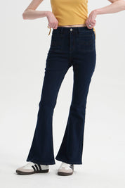 Jeans Mujer Flare Bolsillo Azul Oscuro