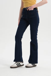 Jeans Mujer Flare Bolsillo Azul Oscuro