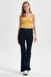 Jeans Mujer Flare Bolsillo Azul Oscuro