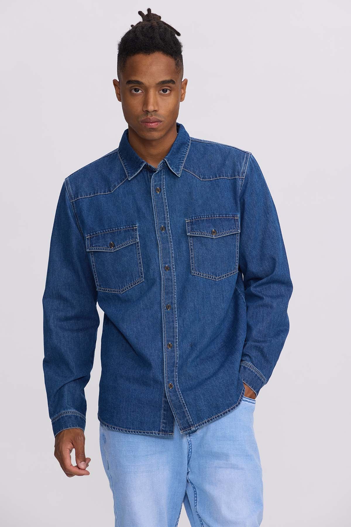 Denim Hombre Camisa Jean Azul Mezclilla Camisa Vaquera Azul Oscuro