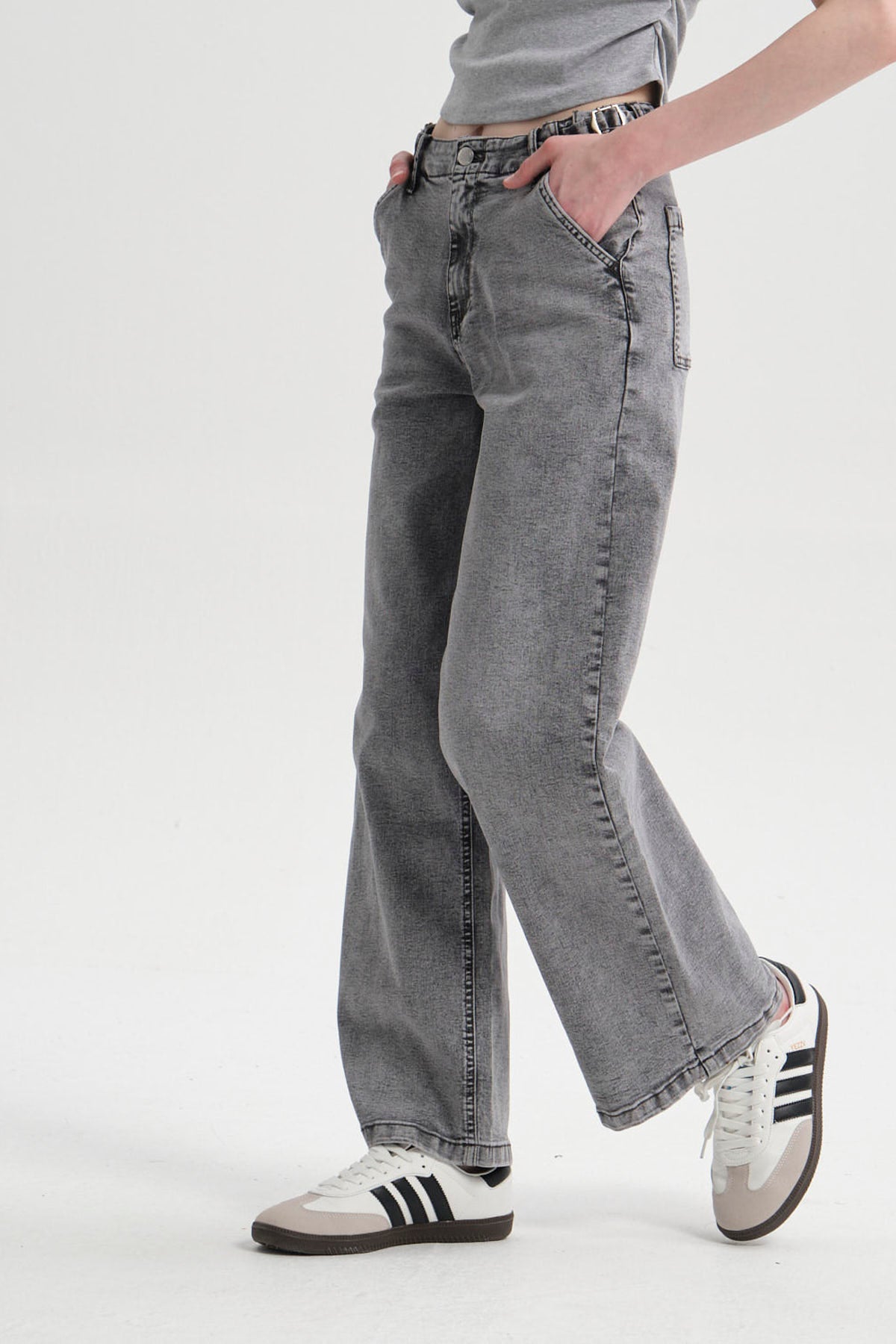 Jeans Mujer Wide Leg Lavado Gris