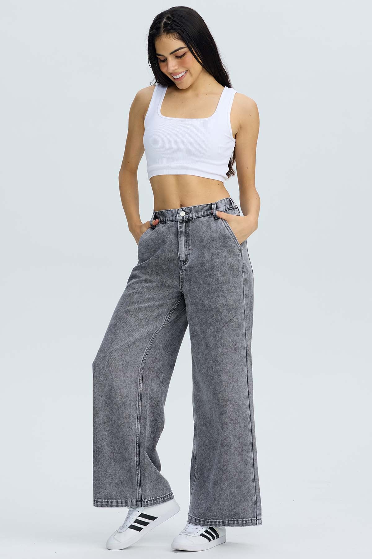 Jeans Mujer Baggy Relax Elasticado Gris
