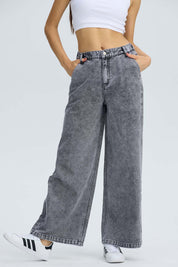 Jeans Mujer Baggy Relax Elasticado Gris