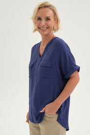 Blusa Mujer Lisa 2 Tapetas Azul