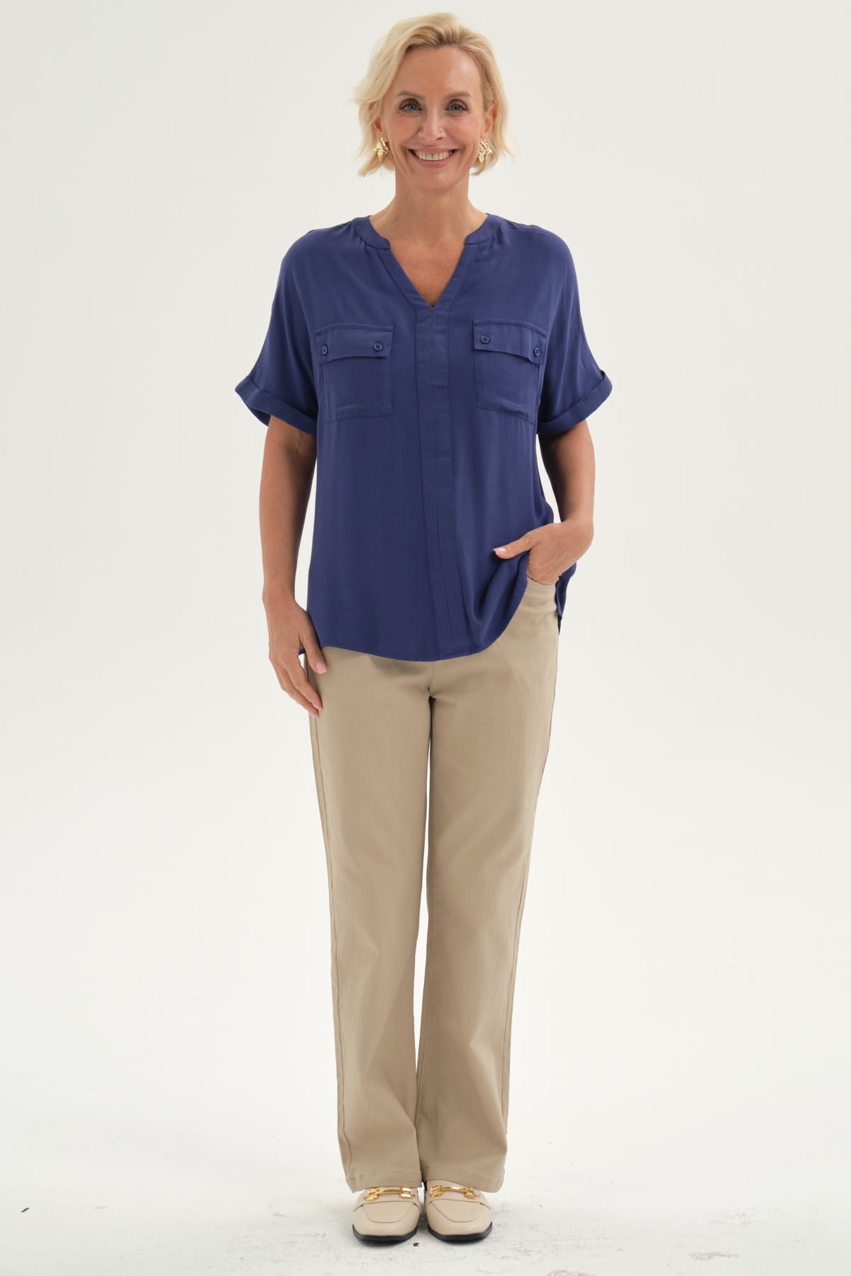 Blusa Mujer Lisa 2 Tapetas Azul