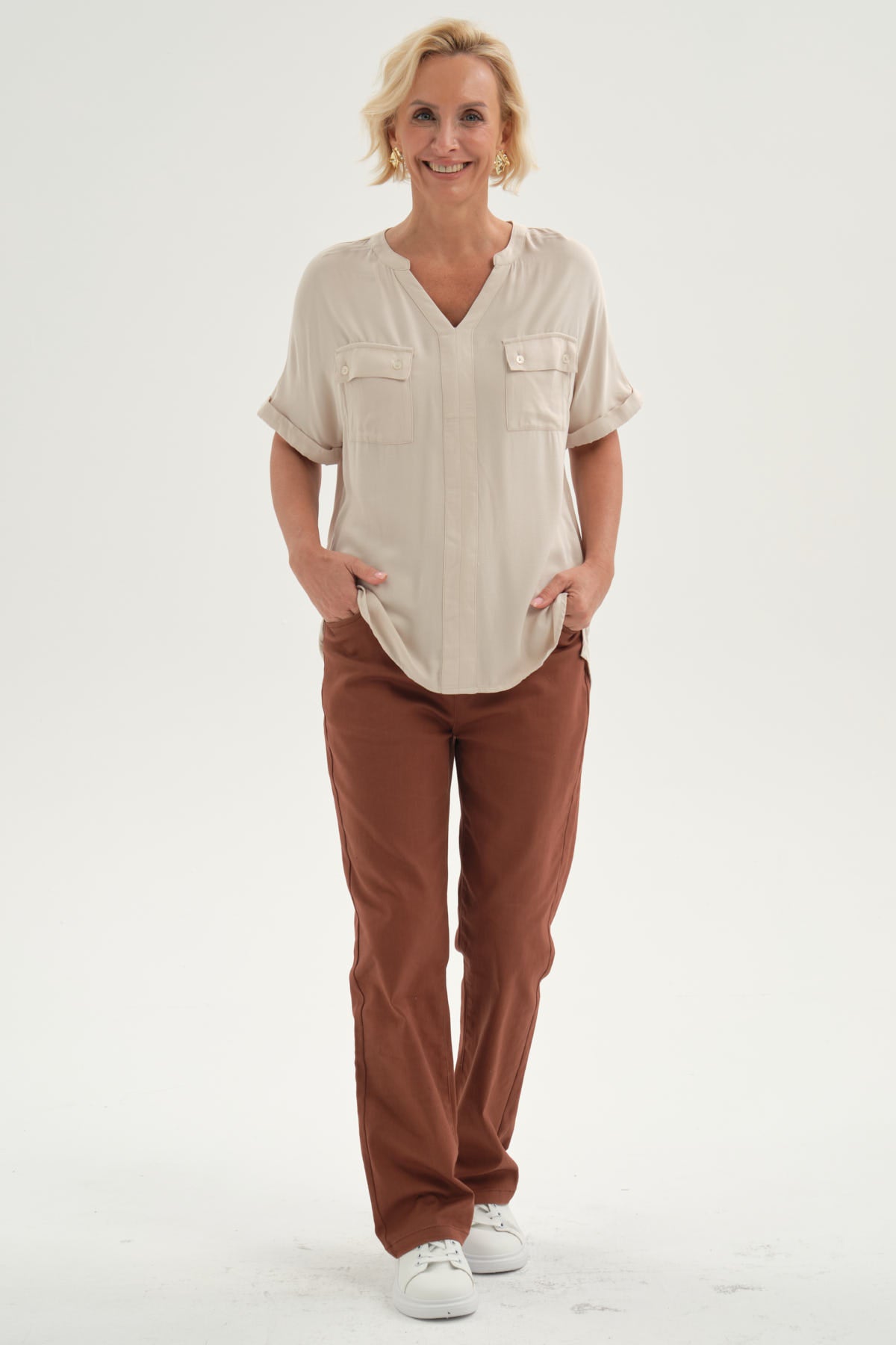 Blusa Mujer Lisa 2 Tapetas Beige