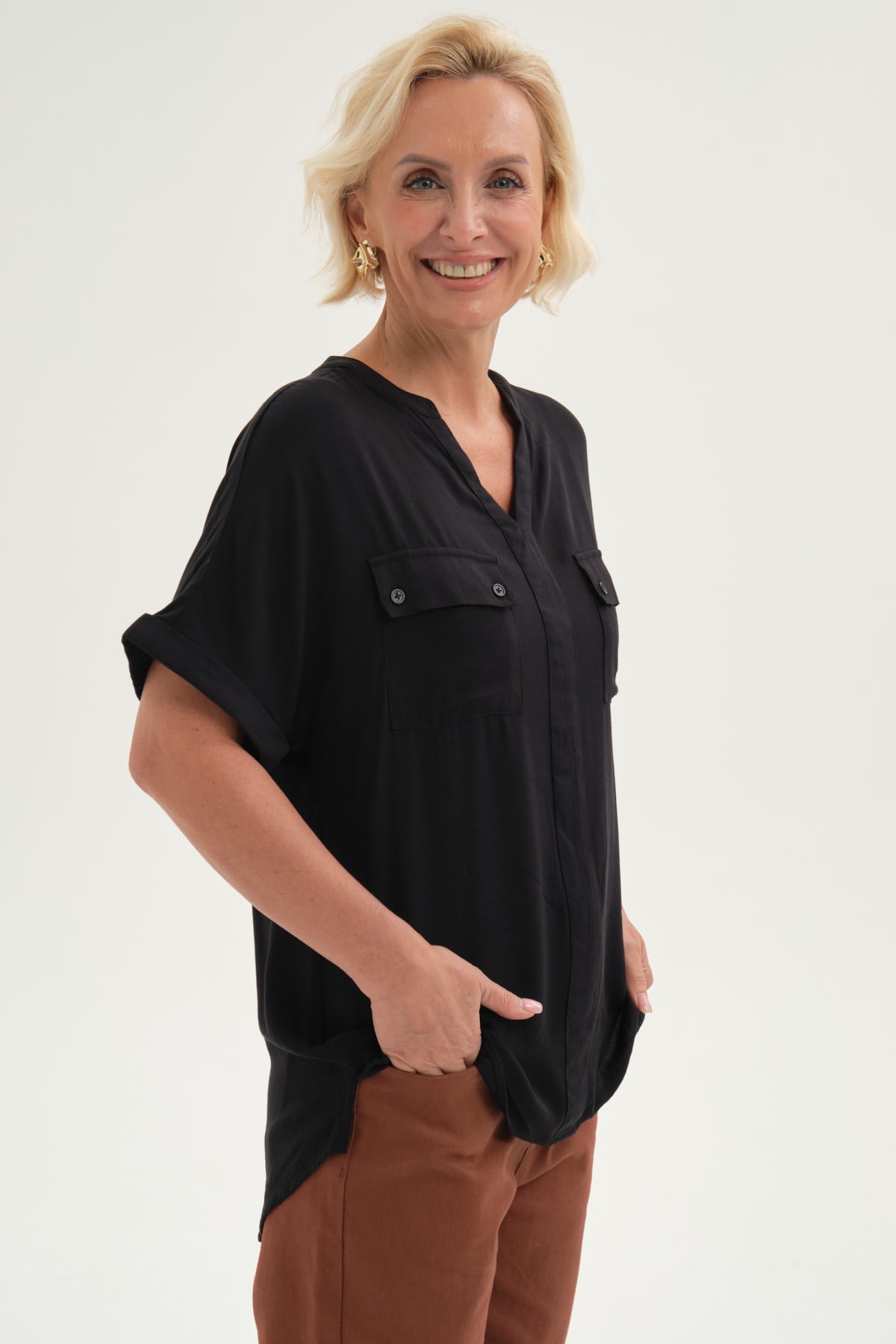 Blusa Mujer Lisa 2 Tapetas Negro