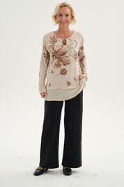 Polera Mujer Evasé Con Aplicación Beige
