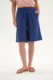 Bermuda Mujer Pretina Elasticada Azul