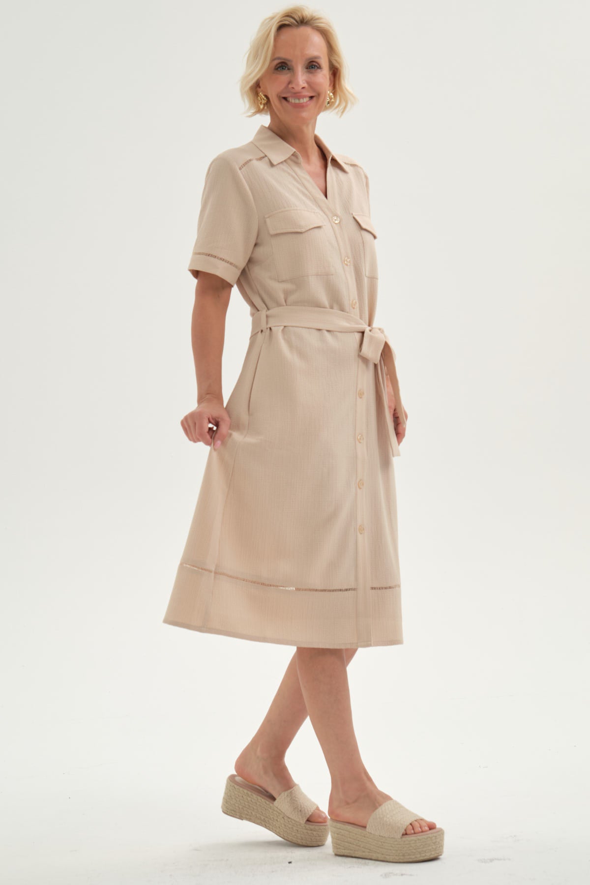 Vestido Mujer Cintura Ajustable Beige