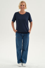 Polera Mujer Detalle Cuello Azul