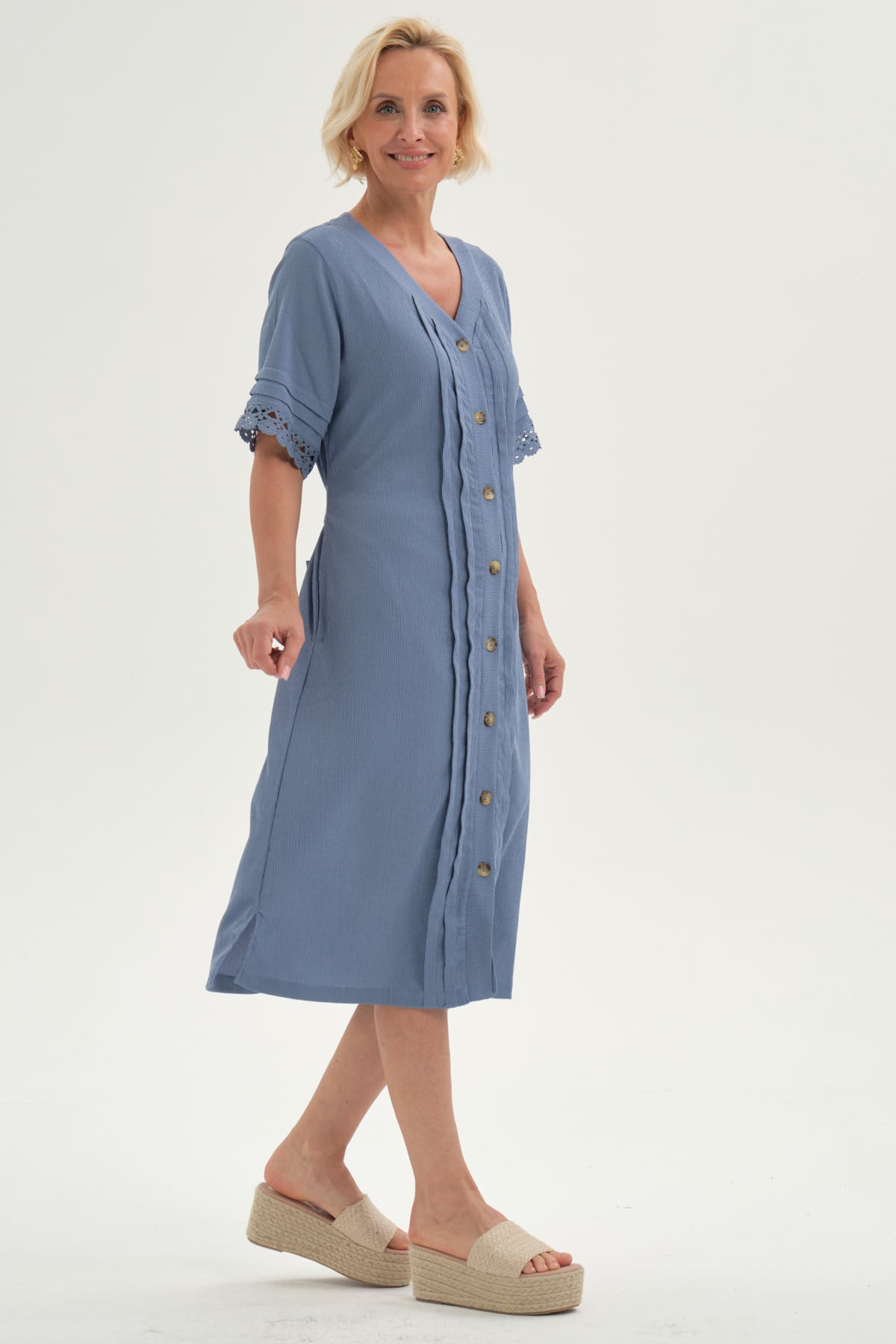 Vestido Mujer Con Textura Celeste Oscuro