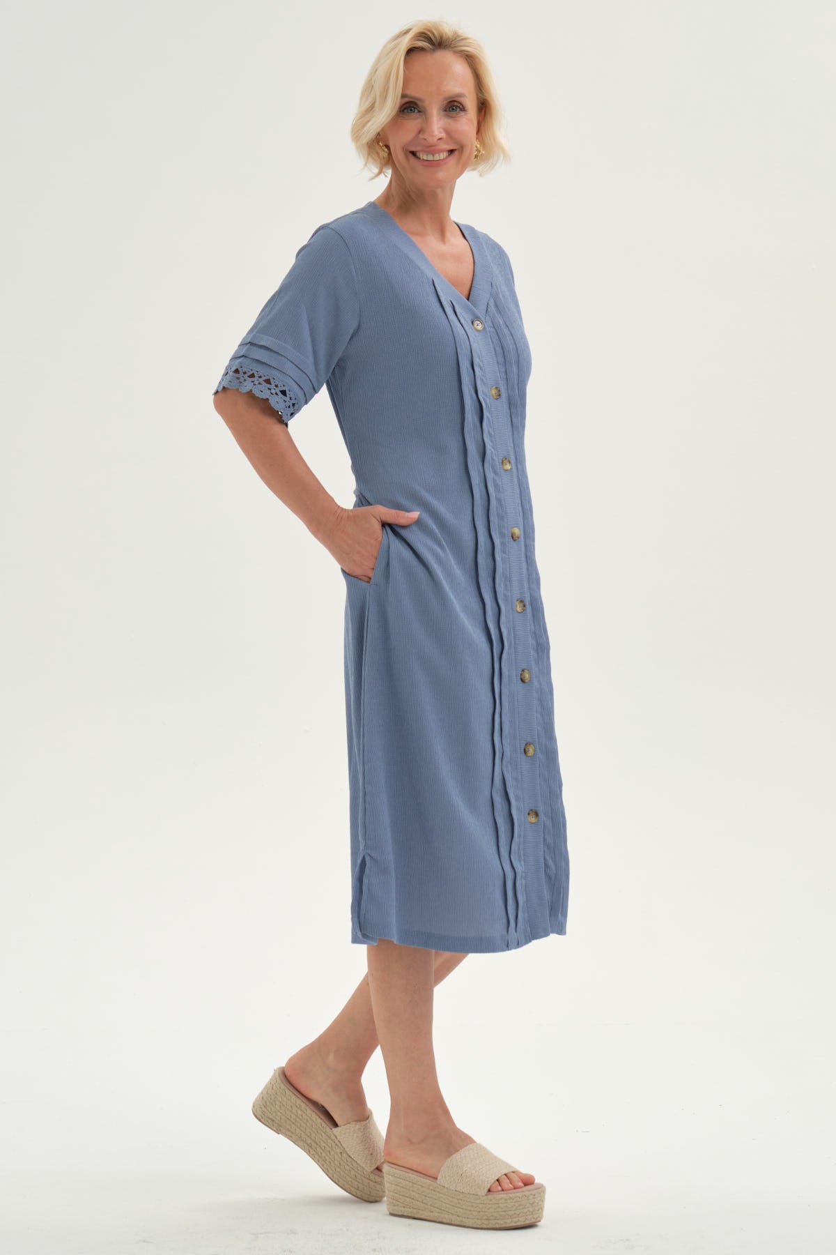 Vestido Mujer Con Textura Celeste Oscuro