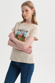 Polera Mujer Básica Print Beige Claro