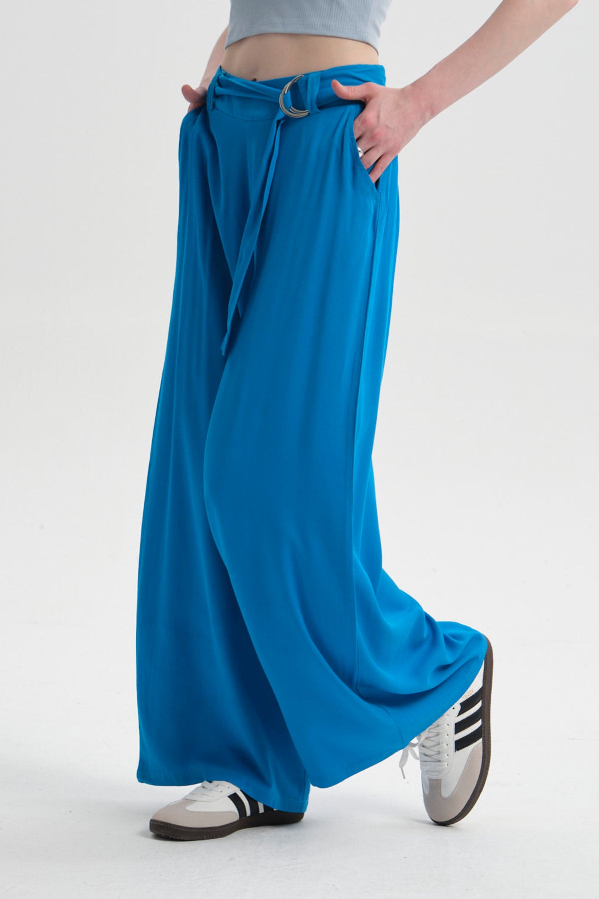 Pantalón Mujer Palazzo Cinturón Azulino