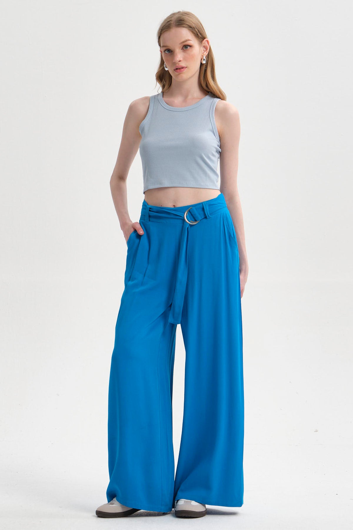 Pantalón Mujer Palazzo Cinturón Azulino