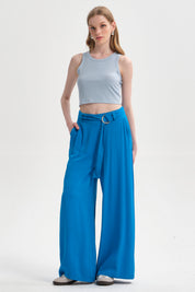 Pantalón Mujer Palazzo Cinturón Azulino