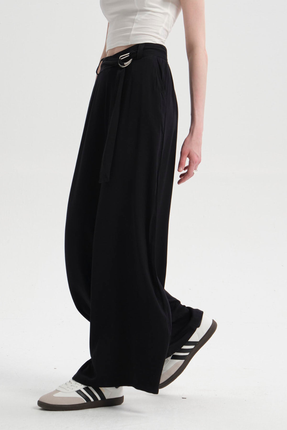 Pantalón Mujer Palazzo Cinturón Negro