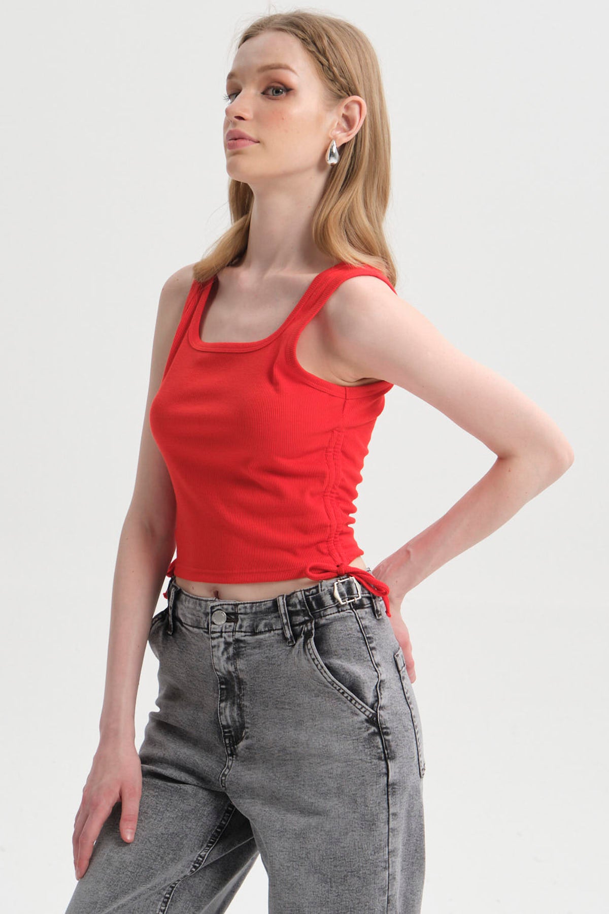 Polera Mujer Recogido Costado Rojo