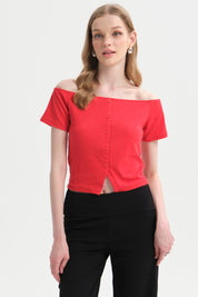 Polera Mujer Bardot Botones Rojo
