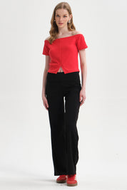 Polera Mujer Bardot Botones Rojo