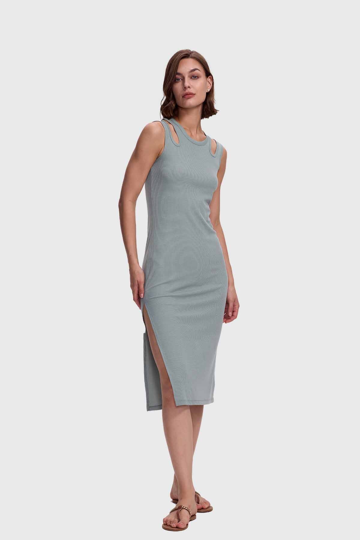 Vestido Mujer Largo Abertura Verde Musgo