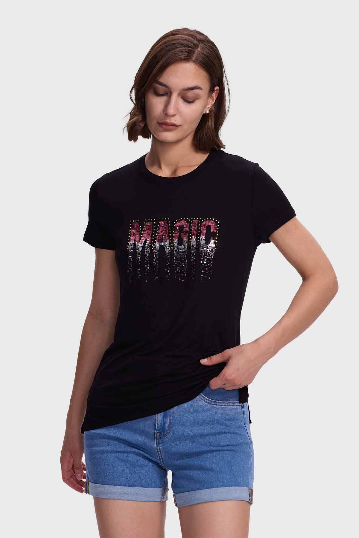 Polera Mujer Estamado Con Aplicación Negro / Fucsia