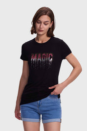 Polera Mujer Estamado Con Aplicación Negro / Fucsia