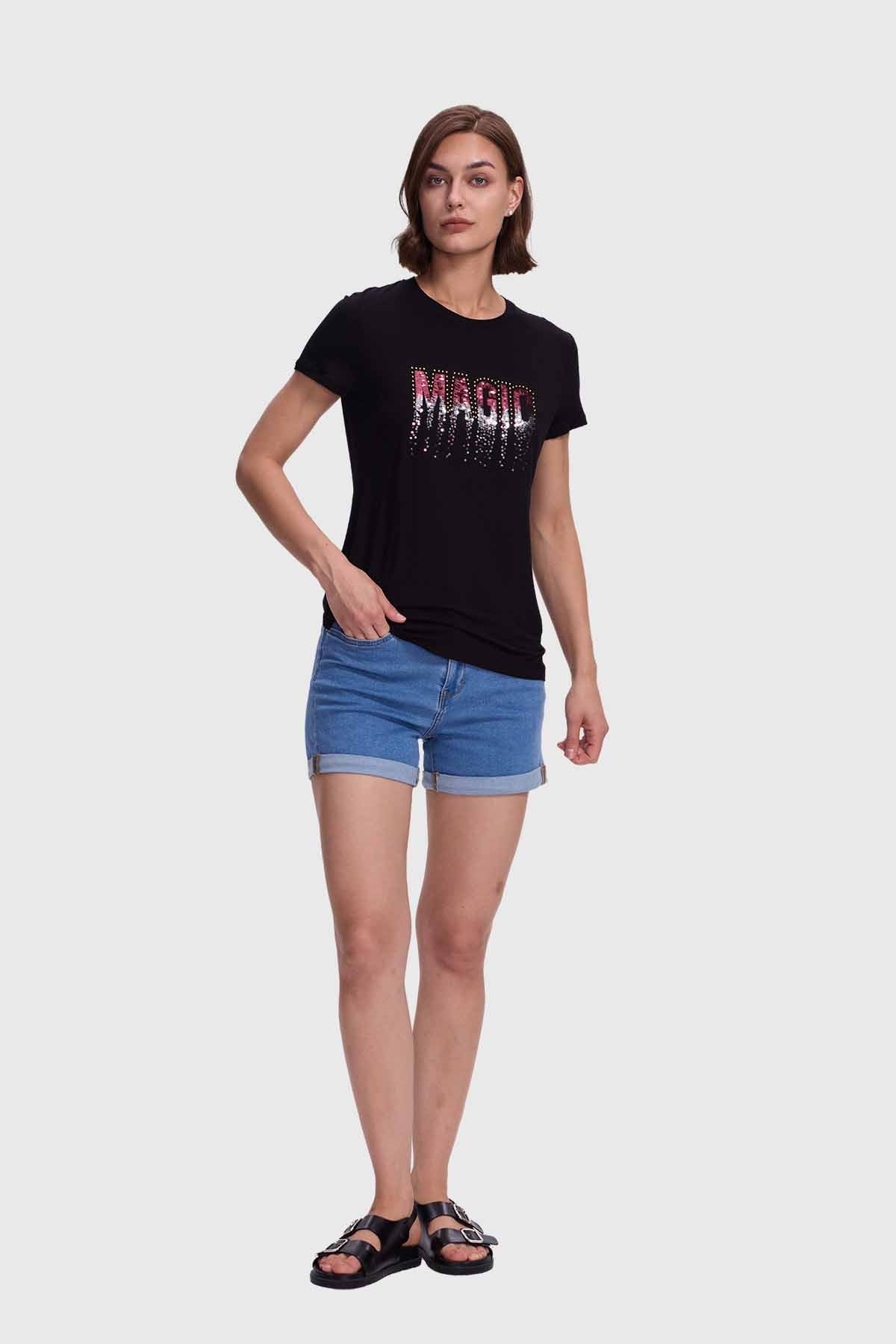 Polera Mujer Estamado Con Aplicación Negro / Fucsia