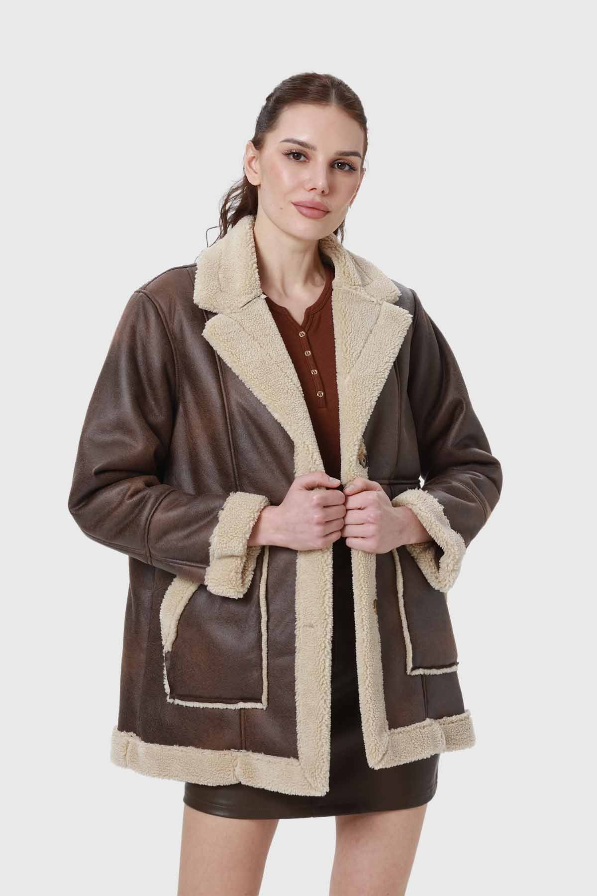 Abrigo Mujer Efecto Cuero Bonded Pelo Interior Cafe