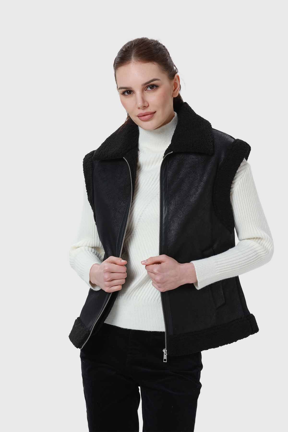 Chaqueta Mujer Efecto Cuero Corto Negro