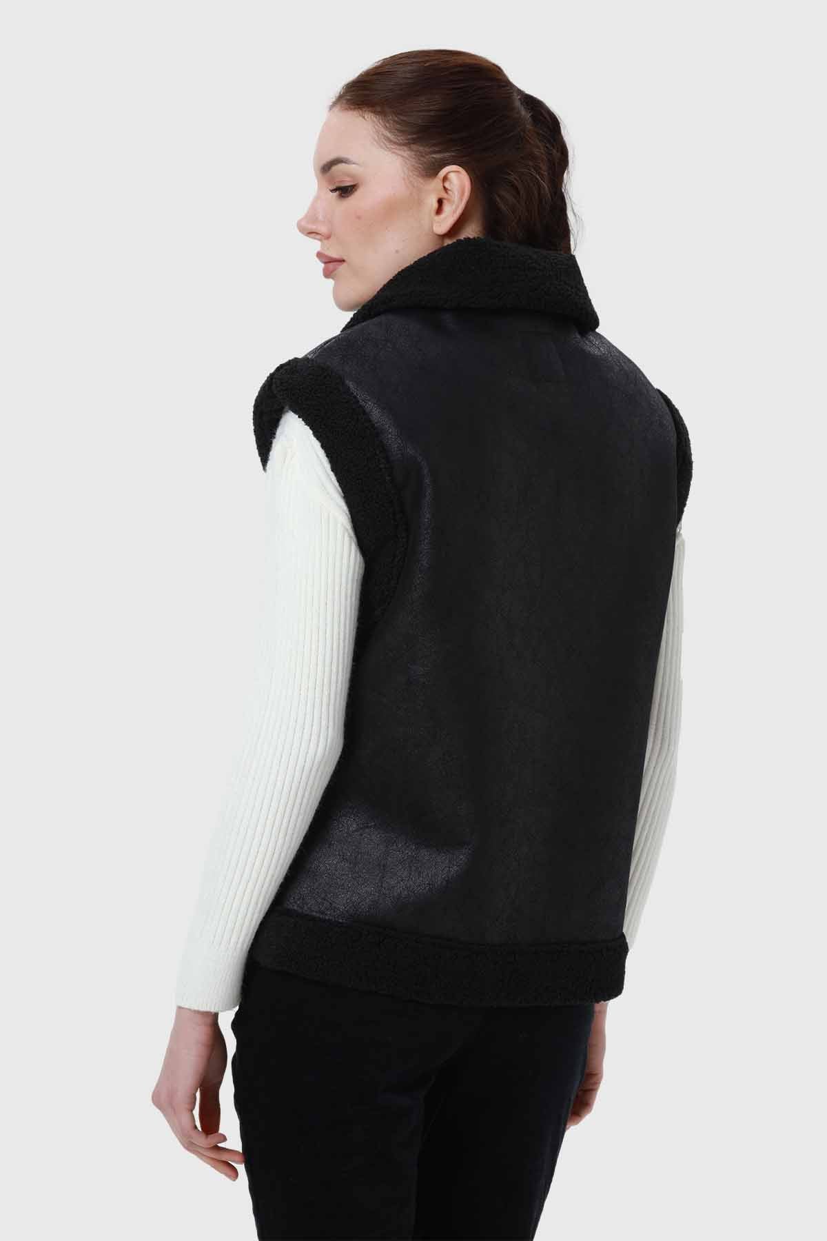 Chaqueta Mujer Efecto Cuero Corto Negro