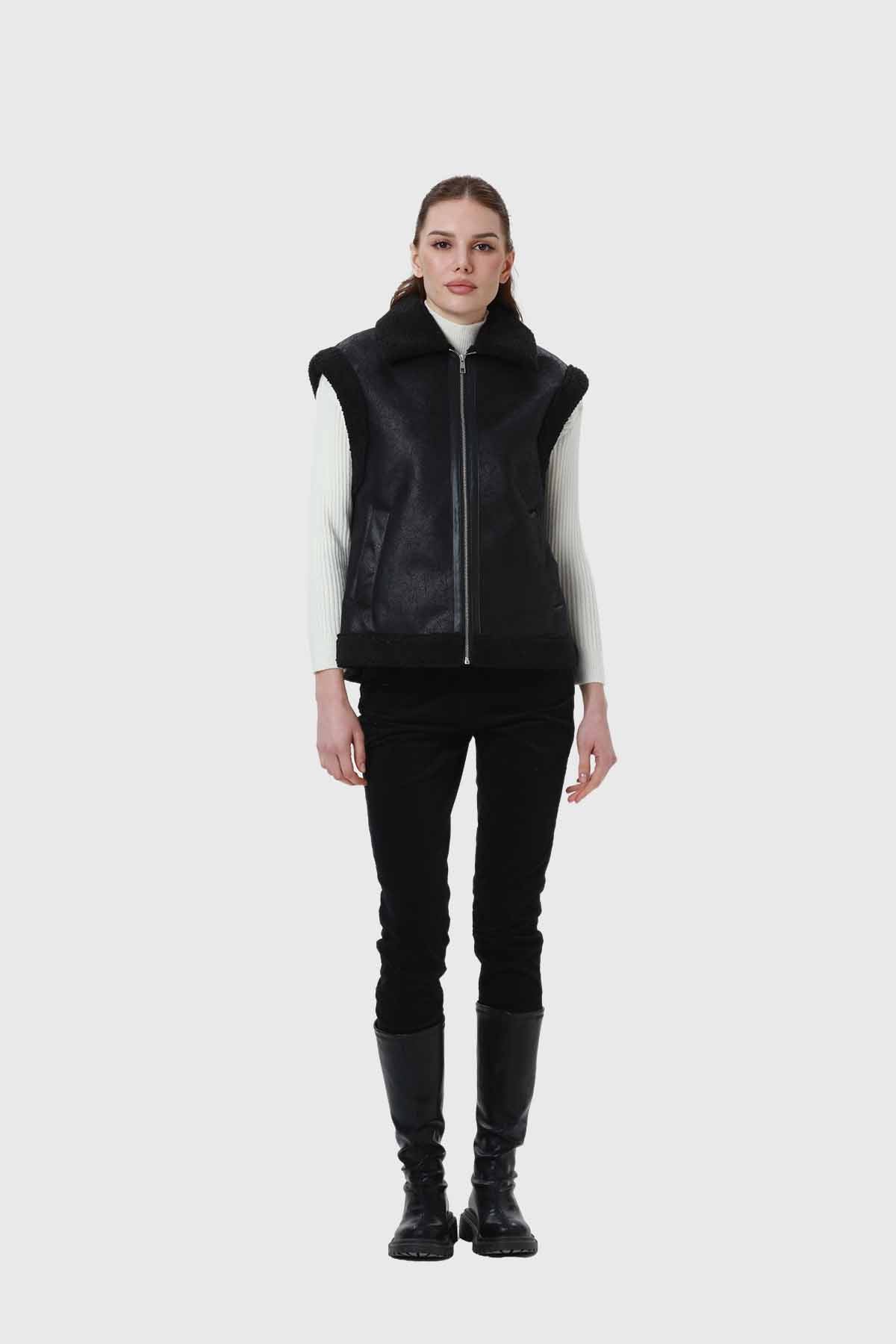 Chaqueta Mujer Efecto Cuero Corto Negro