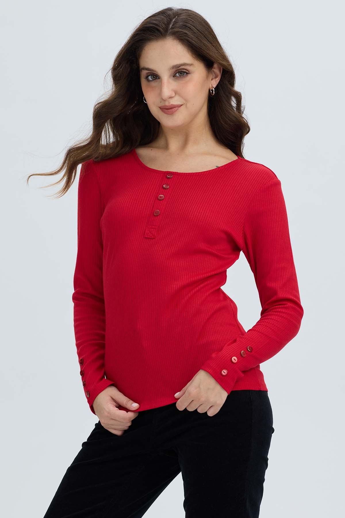 Polera Mujer Botón Rib lisa Rojo Oscuro