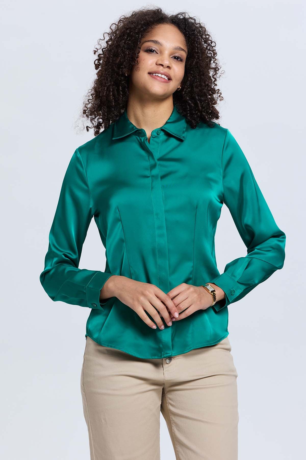 Blusa Mujer Satinada Abotonada Verde – Fashion´s Park