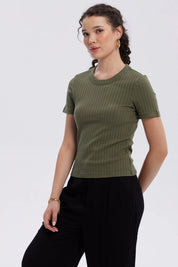 Polera Mujer Rib Crop Lisa Verde Musgo