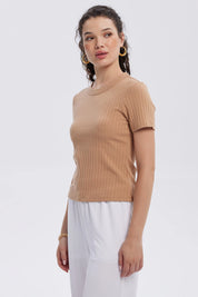 Polera Mujer Rib Crop Lisa Camel