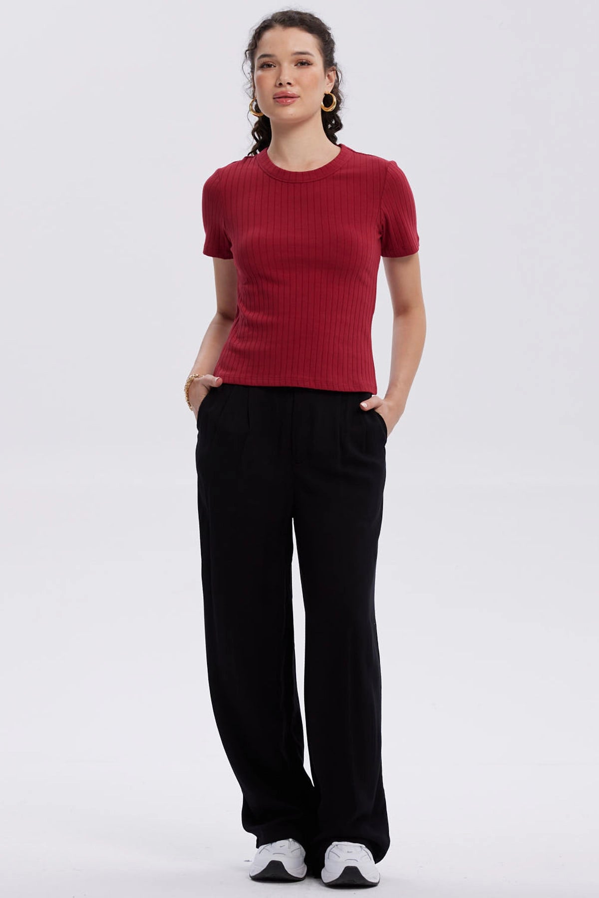 Polera Mujer Rib Crop Lisa Rojo Oscuro
