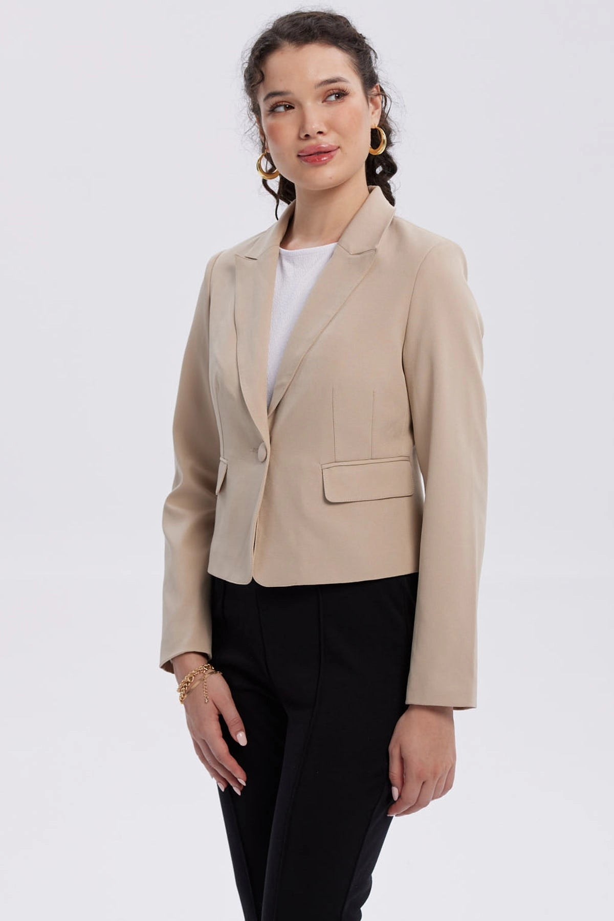 Blazer Mujer Botón Bolsillos Beige