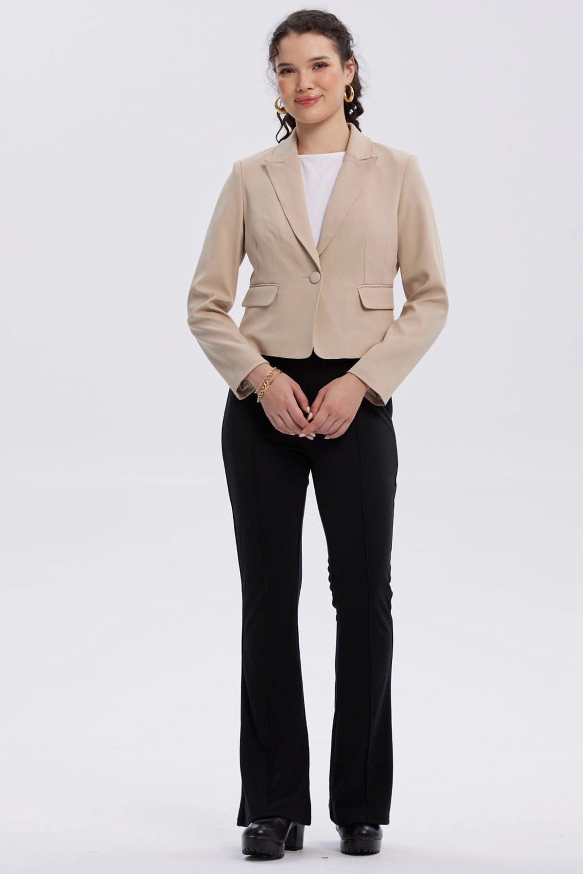 Blazer Mujer Botón Bolsillos Beige