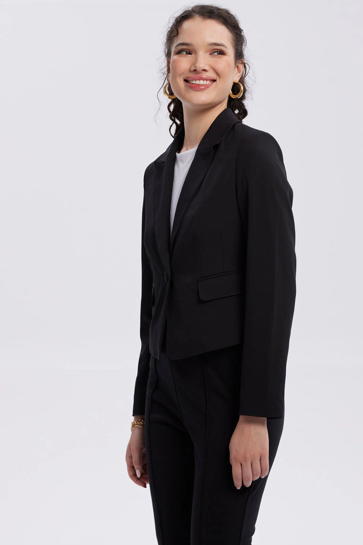 Blazer Mujer Botón Bolsillos Negro