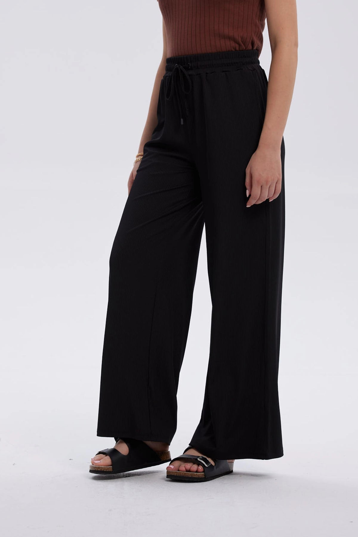 Pantalón Mujer Rib Palazzo Liso Pretina Negro