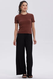 Pantalón Mujer Rib Palazzo Liso Pretina Negro